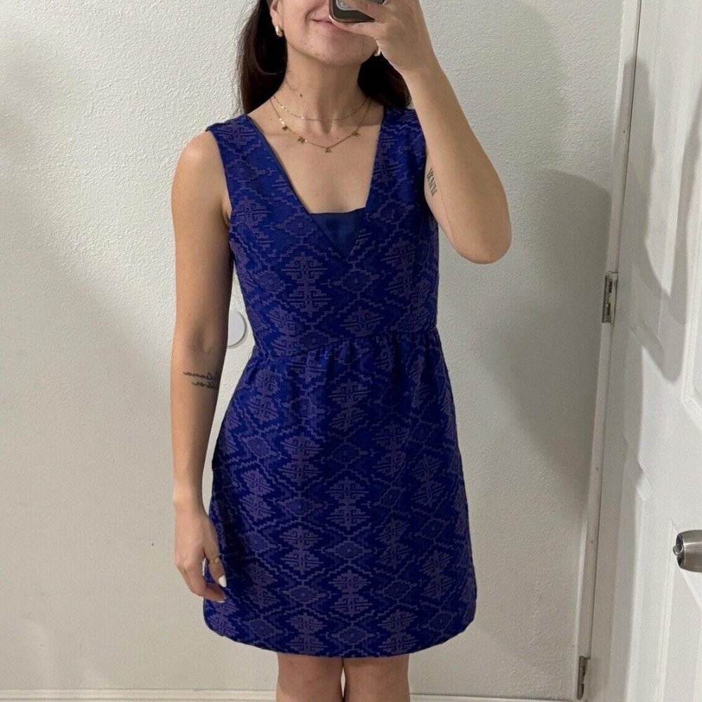 Anthropologie Women Size 4 Jacquard Fit Flare Maeve Blue Sheath Brocade‎ Dress - Picture 3 of 12